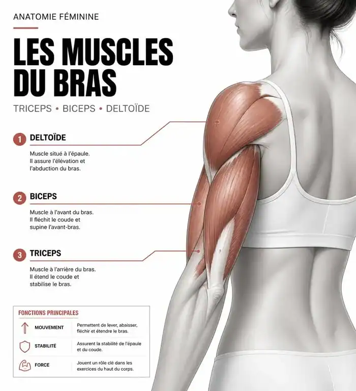 Infographie anatomique des muscles du bras pour la musculation femme : triceps, biceps et deltoïde