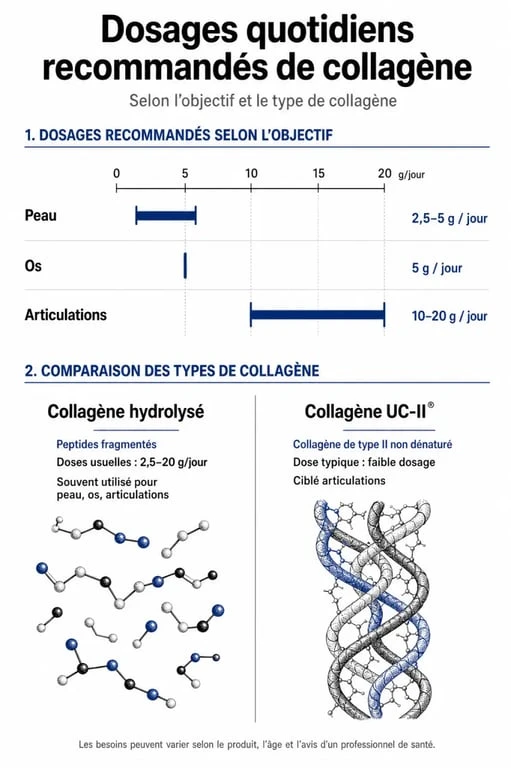 Infographie des dosages recommandés de collagène par jour selon les objectifs de santé et le type de collagène
