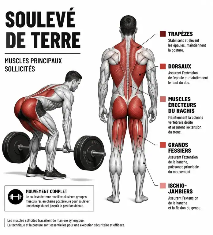 Schéma des muscles sollicités lors du soulevé de terre ou deadlift