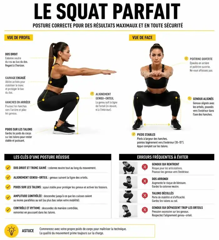 Infographie illustrant la technique parfaite du programme squat femme pour éviter les blessures