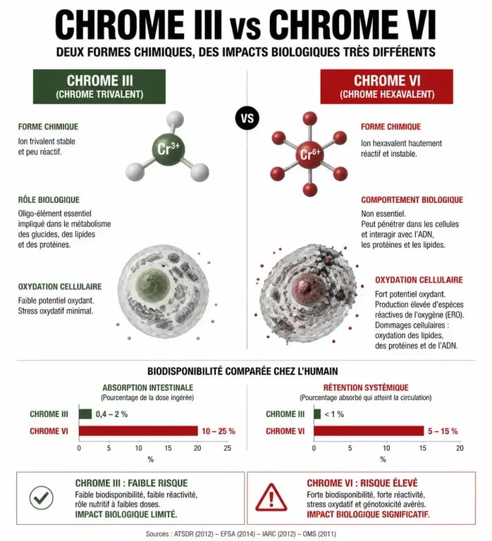 Infographie comparative des dangers du picolinate de chrome et des formes de chrome III et VI