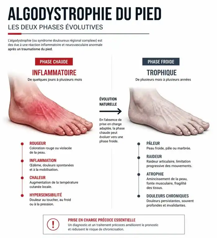 Schéma des phases chaude et froide de l'algodystrophie du pied pour comprendre le traitement