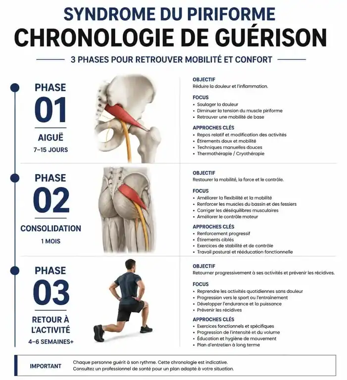 Infographie montrant la durée de guérison du syndrome du piriforme par phases