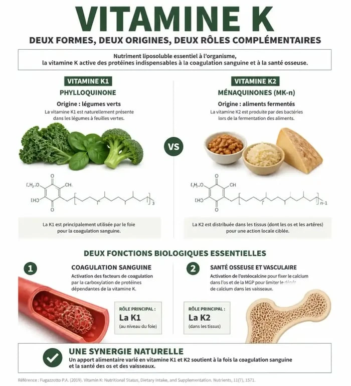 Infographie sur les sources et les bienfaits des aliments riches en vitamine K pour la santé osseuse et la coagulation.