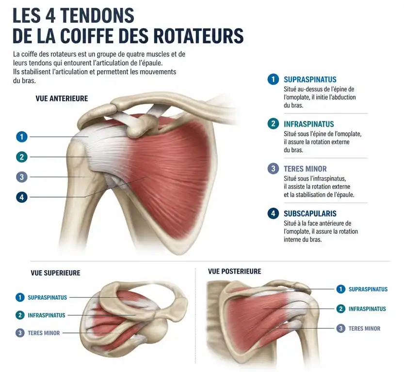 Schéma anatomique des tendons de la coiffe des rotateurs de l'épaule