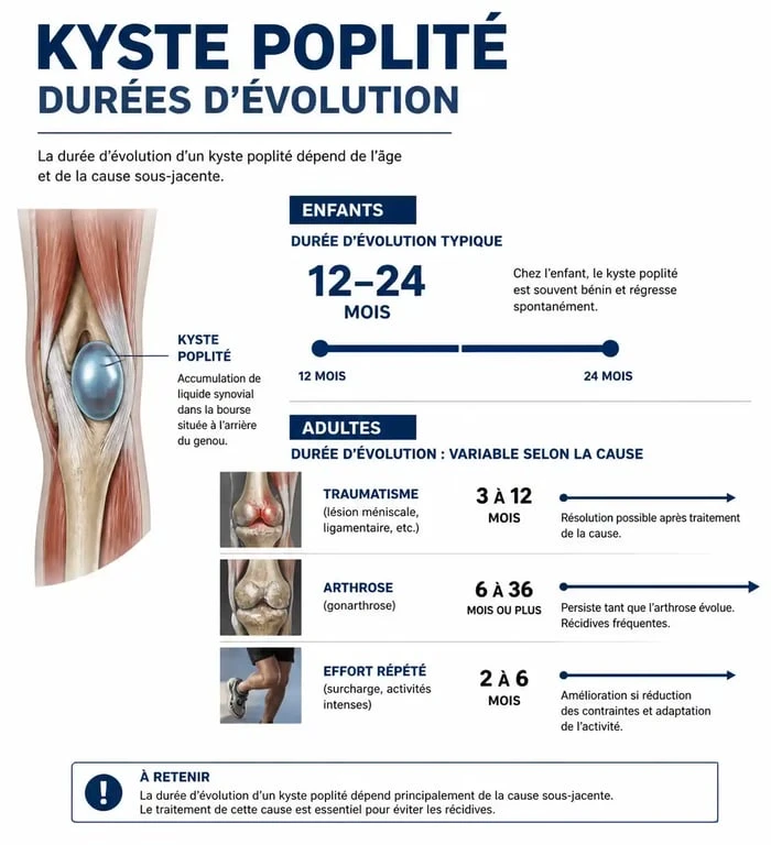 Infographie sur la durée d'évolution d'un kyste poplité selon le profil du patient et les causes.