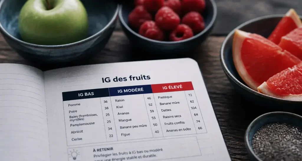 Indice glycemique des fruits tableau : pomme, framboises, pamplemousse