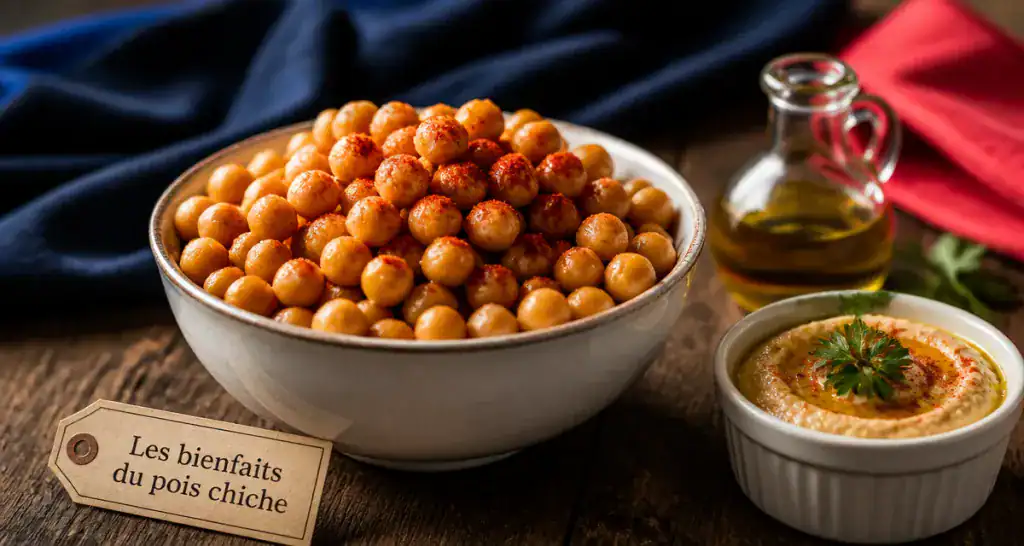 les bienfaits des pois chiches en bol avec houmous et huile d’olive