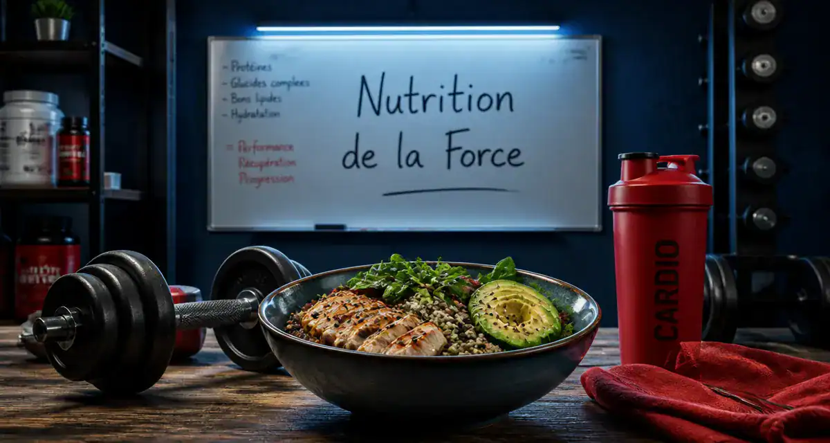Bol sportif nutrition de la force avec haltères et shaker