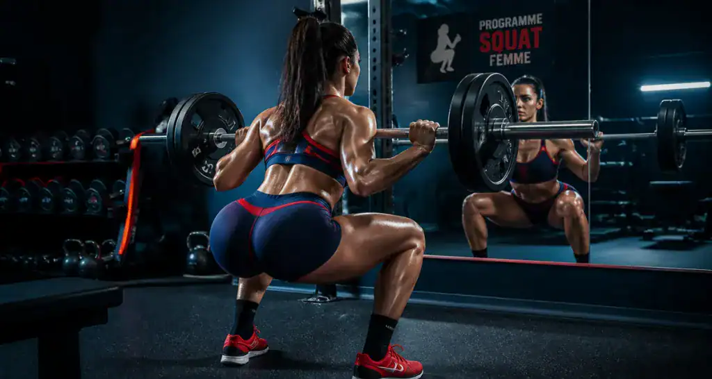 programme squat femme, femme faisant un squat en salle