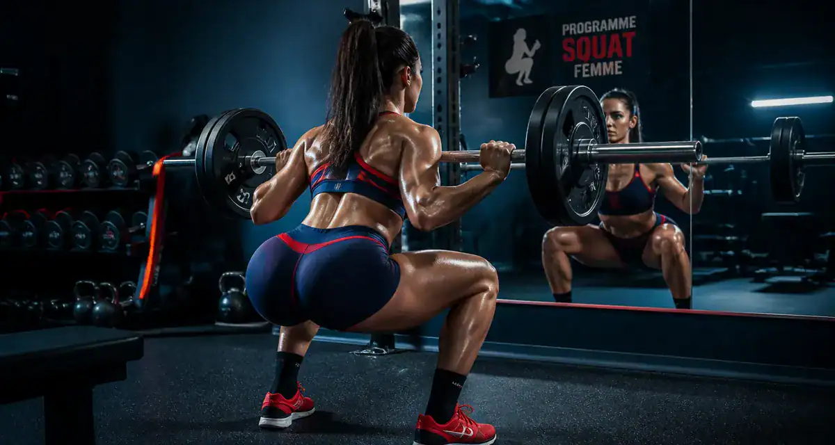 programme squat femme, femme faisant un squat en salle