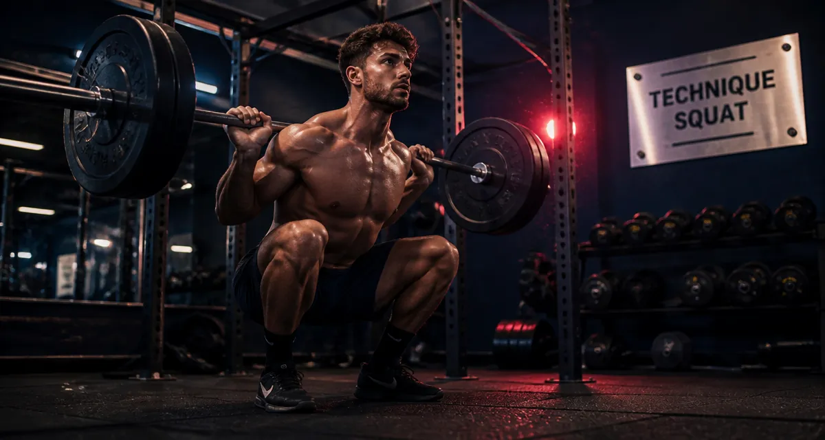 Quel muscle travaille les squat : athlète en squat et muscles ciblés