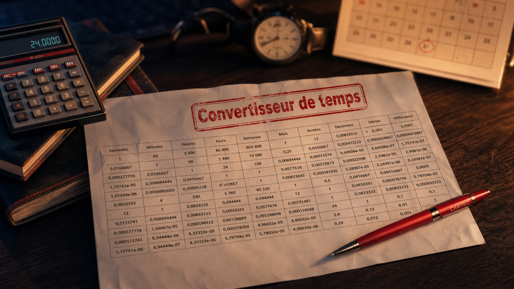 Tableau de conversion de temps : 3600 secondes et repères