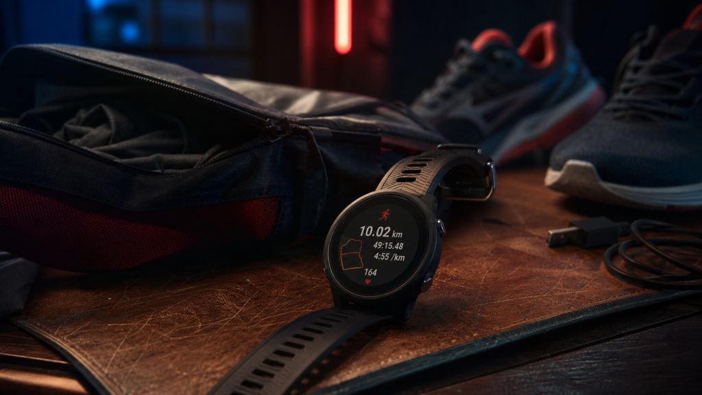 Comparatif garmin forerunner : montre GPS AMOLED Garmin Forerunner sur tapis cuir