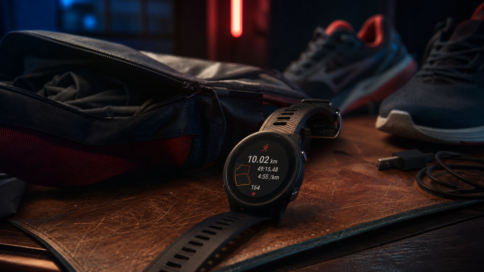Comparatif garmin forerunner : montre GPS AMOLED Garmin Forerunner sur tapis cuir