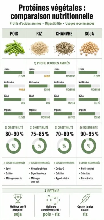 Infographie comparative des meilleures protéines vegan pour choisir la source adaptée à ses besoins
