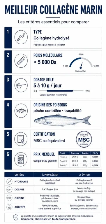 Comparatif visuel du meilleur collagene marin avec critères de qualité, dosage et certification