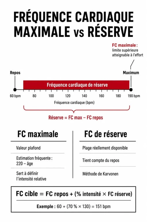 Infographie comparative : fréquence cardiaque maximale vs fréquence cardiaque de réserve pour l'entraînement sportif