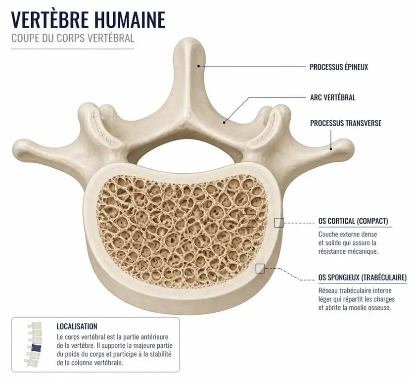 Schéma anatomique détaillé du corps vertébral humain montrant sa structure osseuse