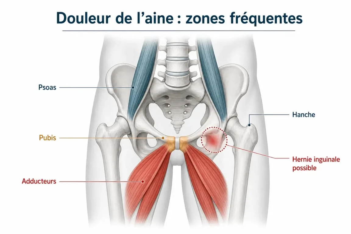 Blessure à l'aine : schéma anatomique de la région de l’aine avec adducteurs, psoas, pubis et hanche