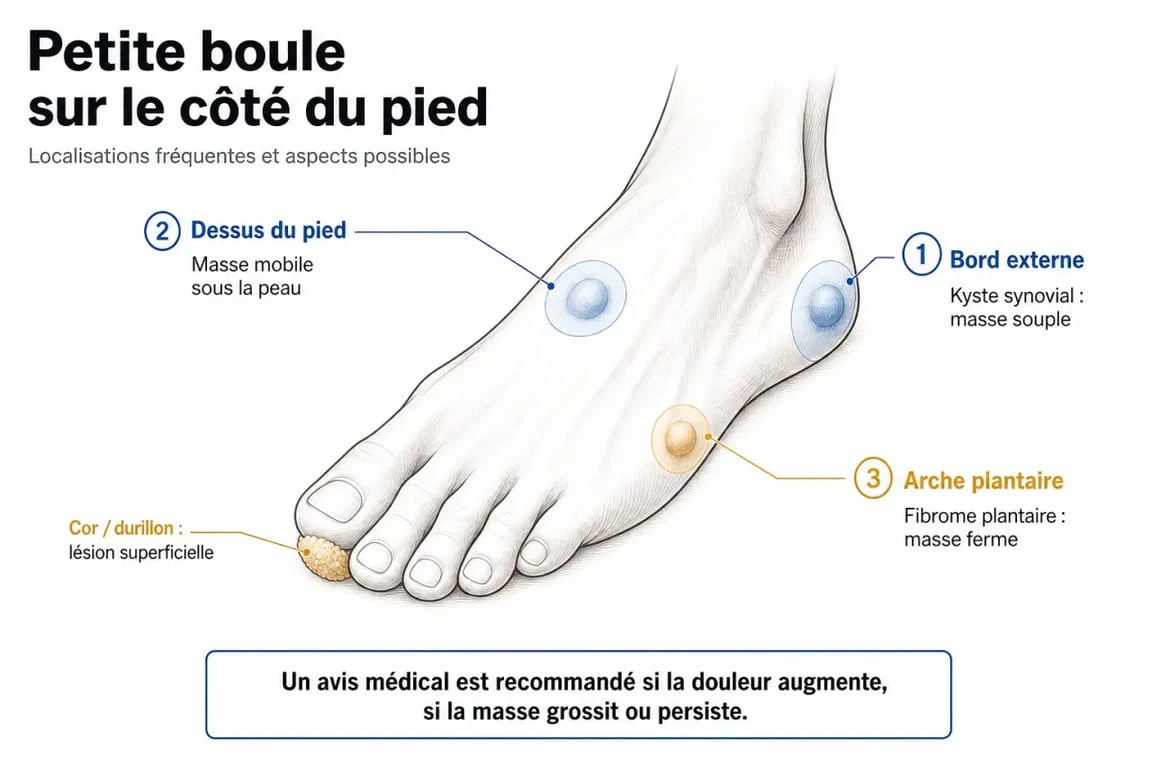 Petite boule sur le côté du pied : schéma des zones possibles et des causes fréquentes