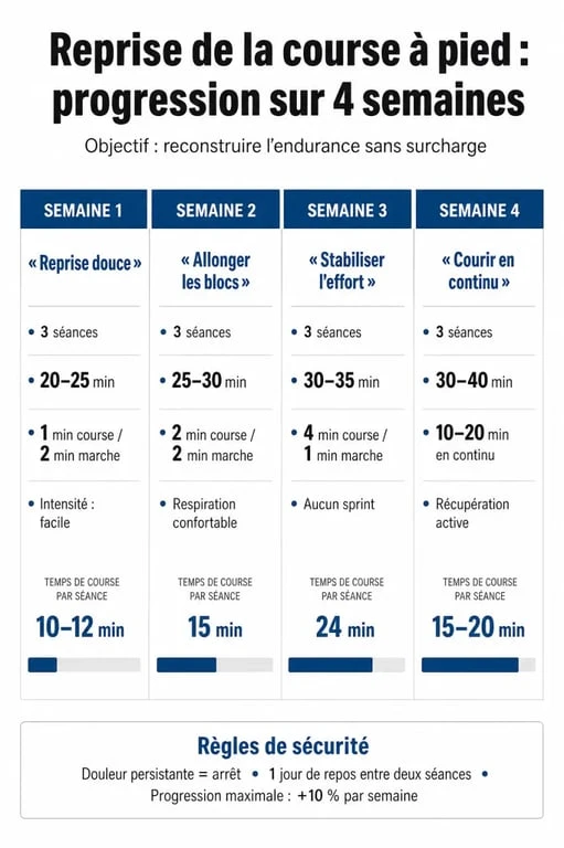 Infographie du programme de reprise de la course à pied sur 4 semaines