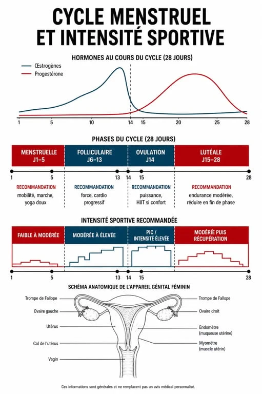 Infographie des phases du cycle menstruel et adaptation de l'entraînement sportif