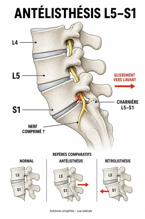 Antélisthésis de L5 sur S1, schéma médical du glissement antérieur de L5 sur S1