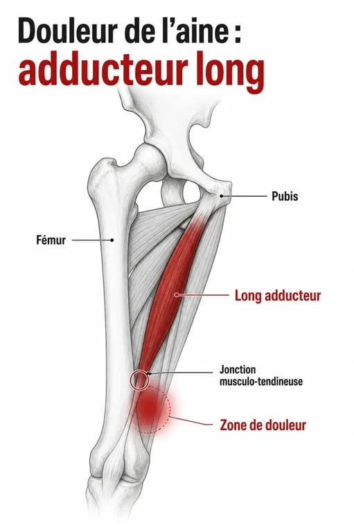 Élongation adducteur : schéma anatomique de l'aine et de la face interne de la cuisse