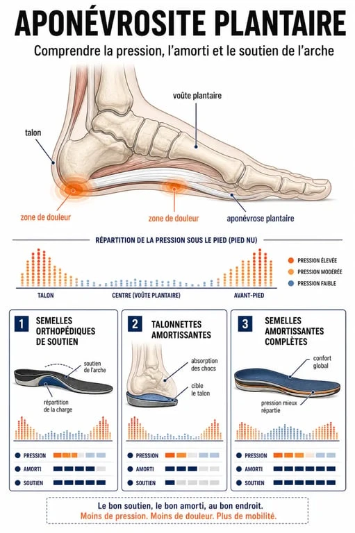 Infographie sur l'aponévrosite plantaire semelles montrant le talon, la voûte plantaire et les types de semelles recommandés