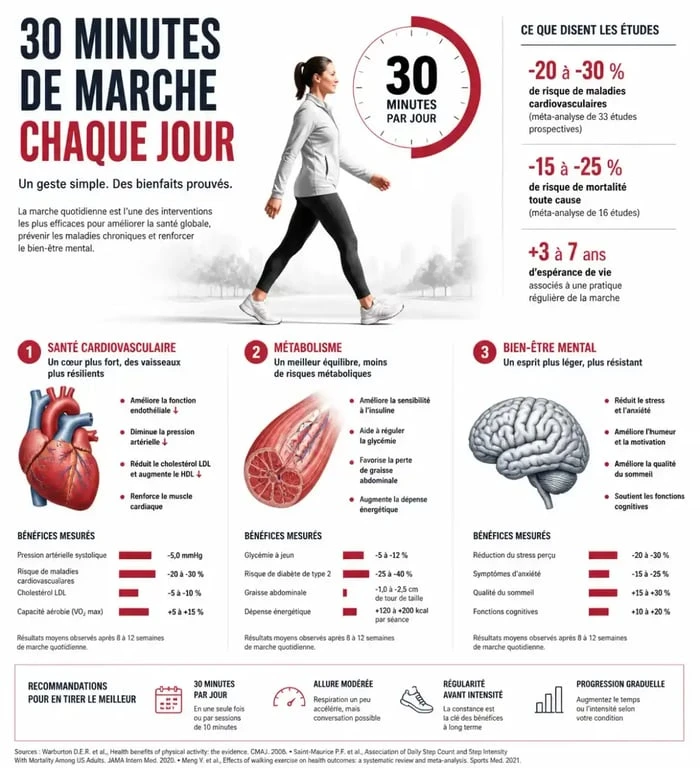 Infographie sur les bienfaits de la marche 30 minutes par jour pour la santé