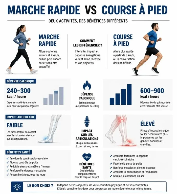 Infographie comparative : marche rapide ou course à pied, que choisir pour votre santé ?