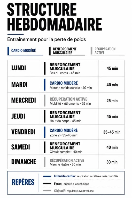 Programme sportif pour maigrir : répartition hebdomadaire des exercices cardio et renforcement musculaire