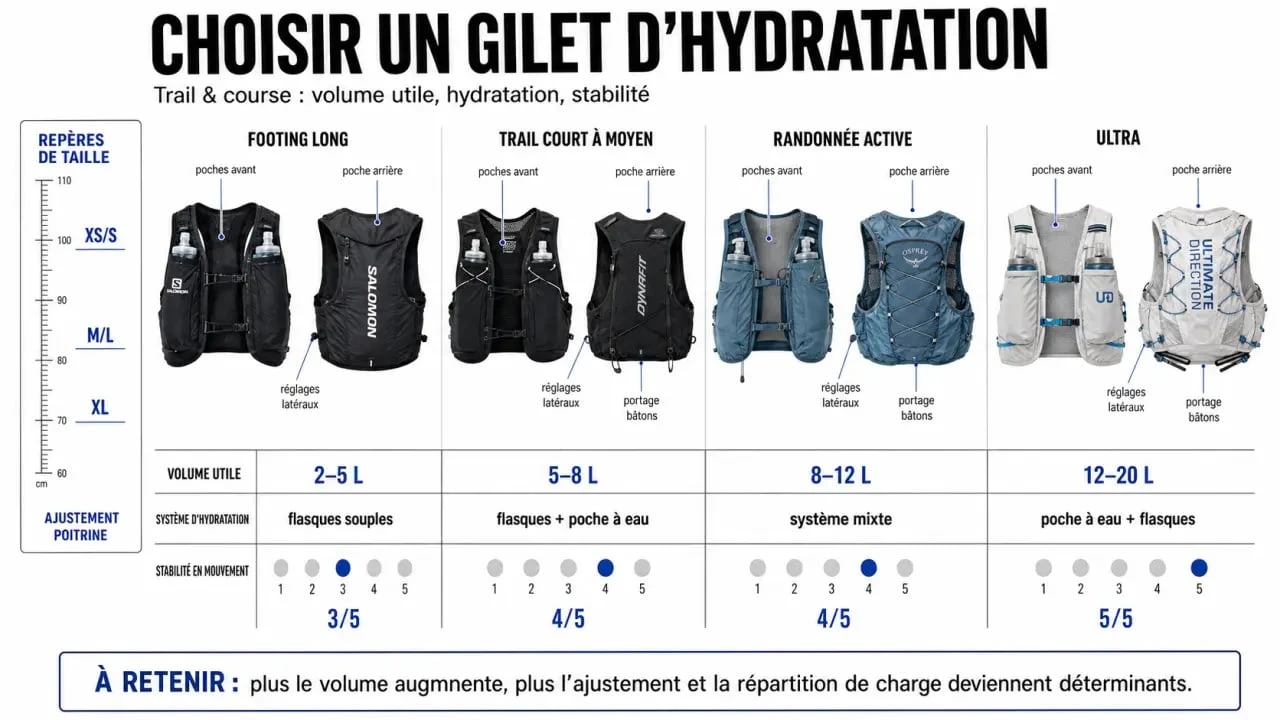 Visuel comparatif pour choisir un gilet hydratation selon le volume, les flasques et la poche à eau