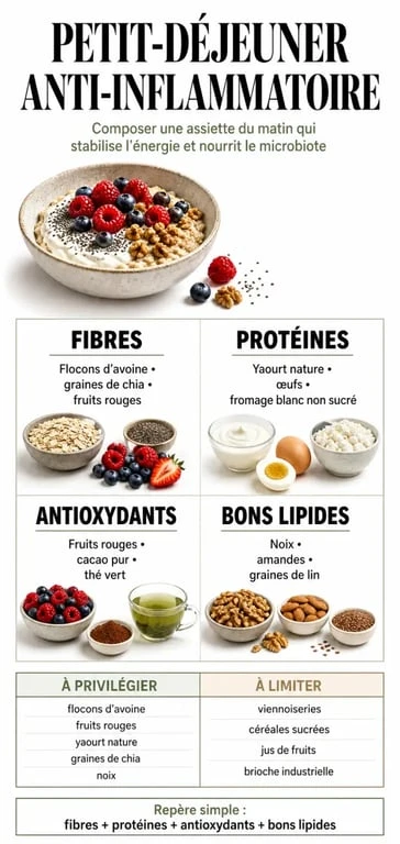 Infographie sur le petit-déjeuner anti inflammatoire avec aliments à privilégier et à éviter