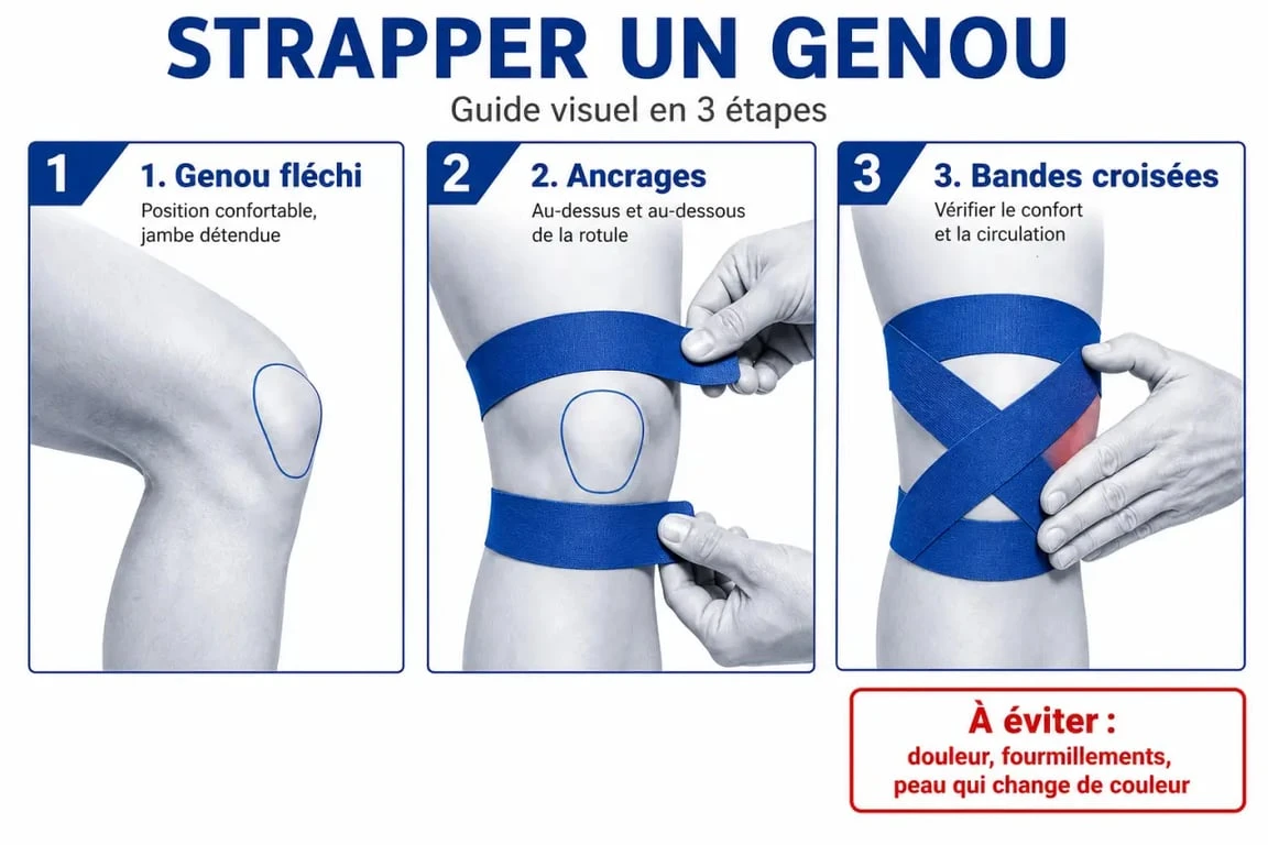 Comment strapper un genou : pose des ancrages et bandes croisées étape par étape