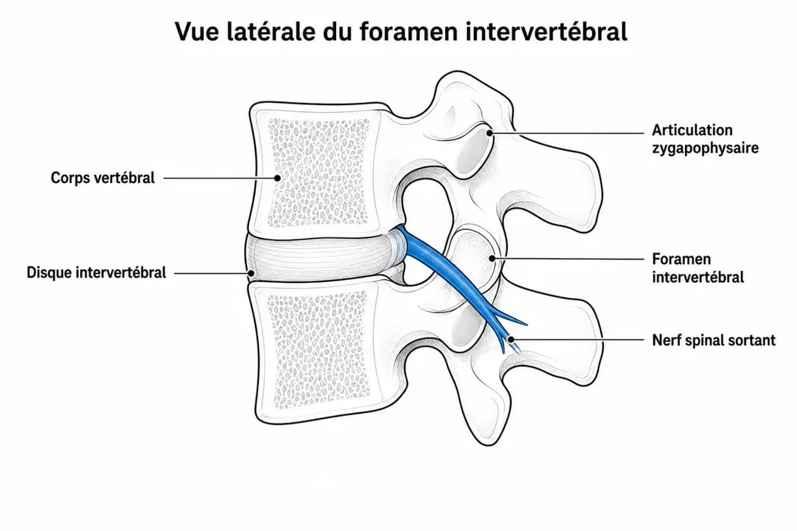Schéma anatomique d'un foramen intervertébral montrant le passage du nerf spinal entre deux vertèbres.