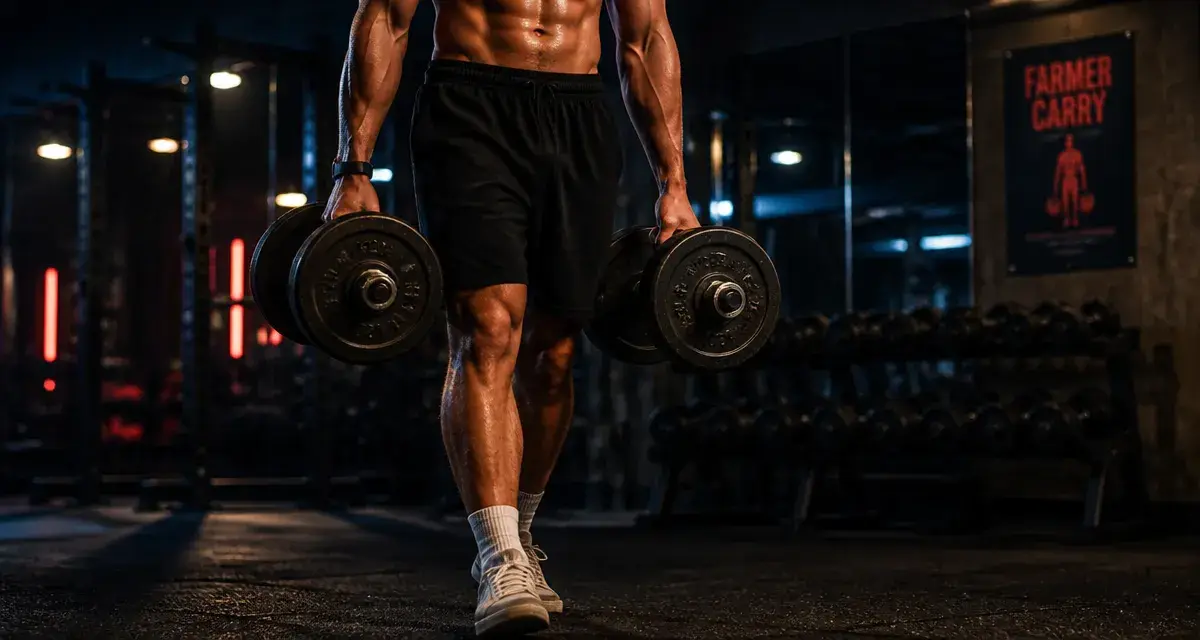 Farmer carry avec haltères lourds en salle de sport