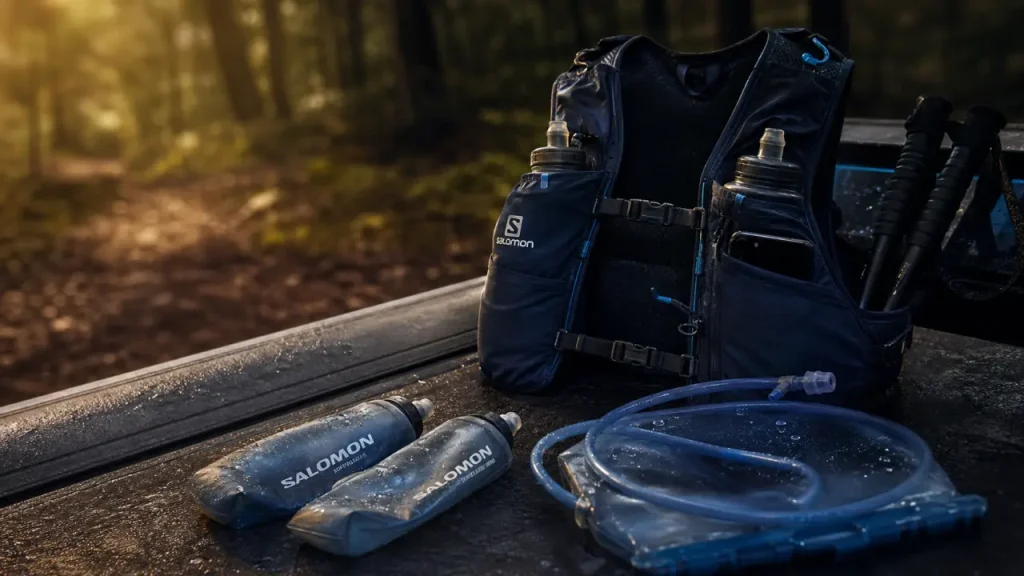 Gilet hydratation avec flasques et maintien, sur tapis de course extérieur mouillé