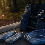 Gilet hydratation avec flasques et maintien, sur tapis de course extérieur mouillé