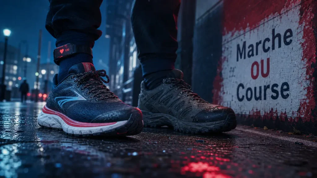 Marche rapide ou course: que choisir, chaussures de marche et running sur trottoir humide