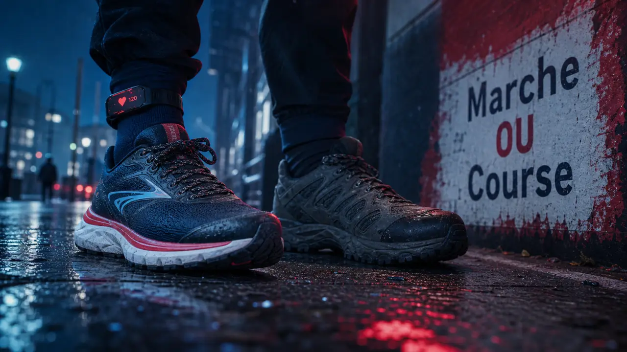 Marche rapide ou course: que choisir, chaussures de marche et running sur trottoir humide