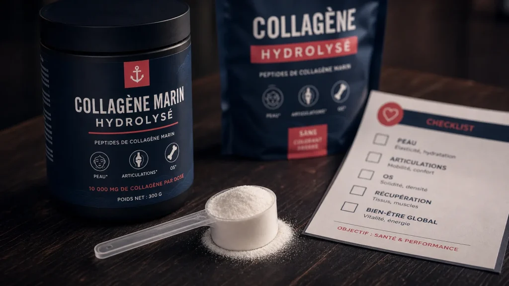 Meilleur collagene marin hydrolysé : bocal, poudre et dosage sur table