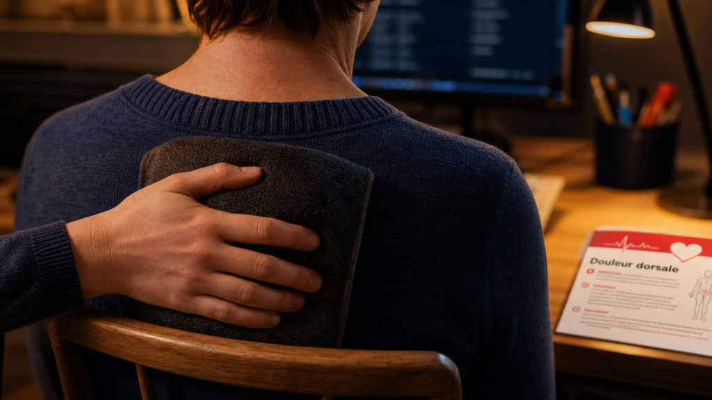 Point dans le milieu du dos : main sur douleur entre omoplates
