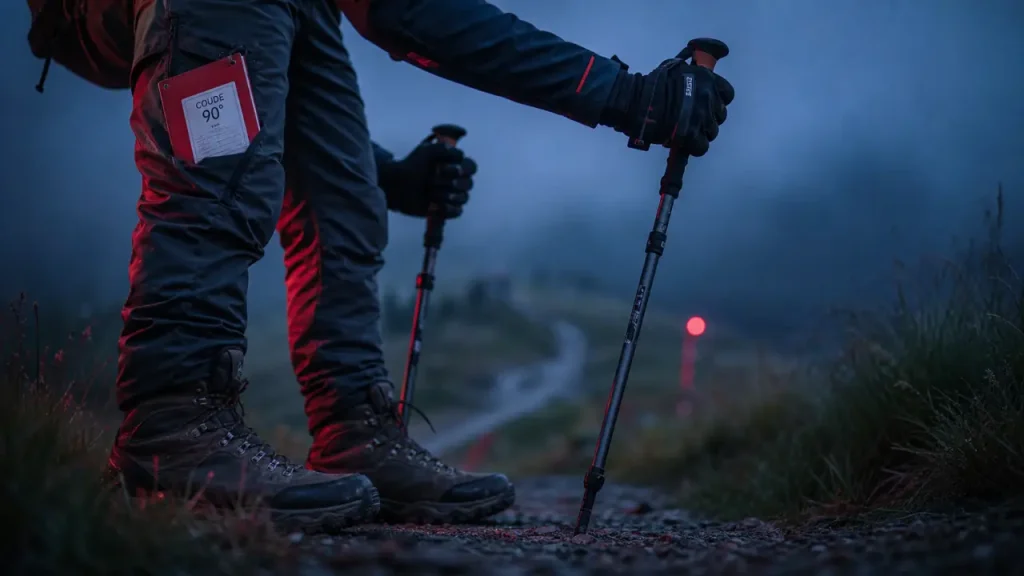 Réglage baton de marche : coude à 90°, terrain et pointes au sol