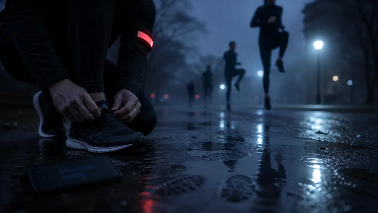 Échauffement running : coureur ajuste ses lacets sur chemin humide