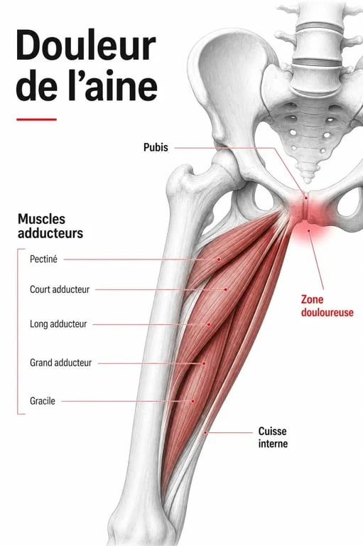 Schéma de la tendinopathie adducteur avec zone douloureuse à l’aine