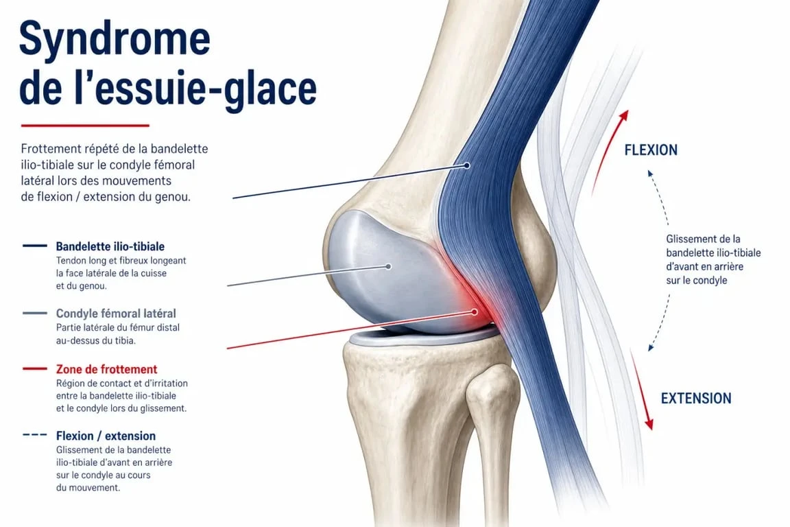 Schéma du syndrome essui glace genou montrant la bandelette ilio-tibiale et le frottement sur la face externe du genou