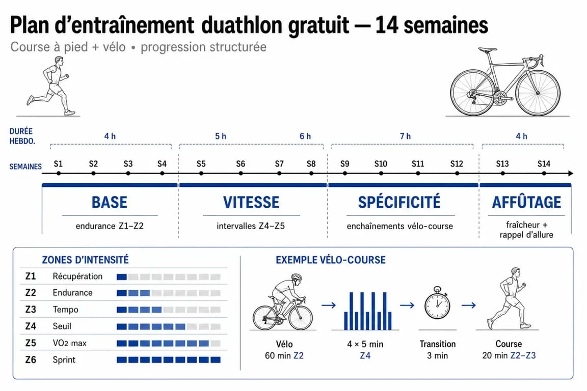 Plan d entraînement duathlon gratuit sur 14 semaines avec zones d’intensité et séances types