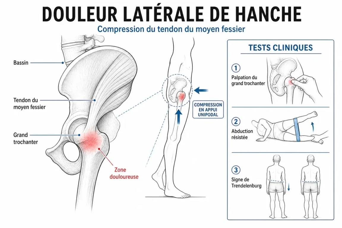 Tendinite moyen fessier traitement : schéma anatomique de la hanche et des tests cliniques